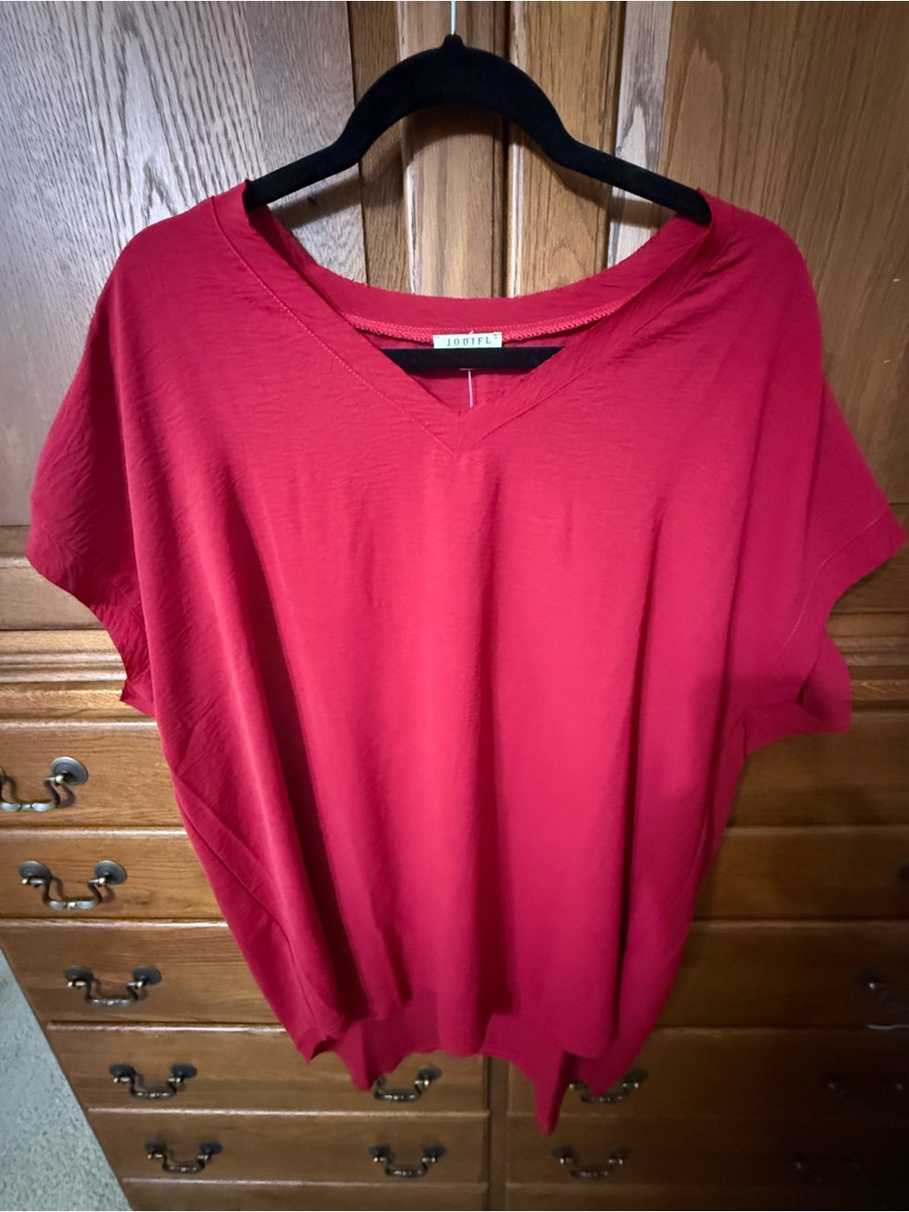Crimson Red V-Neck Short Sleeve Women's Top